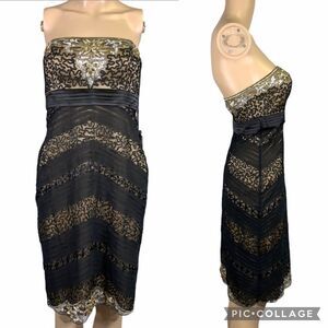 Sue Wong Womens Cocktail Dress Sheath Strapless Chevron Beaded Sequin Size 6
